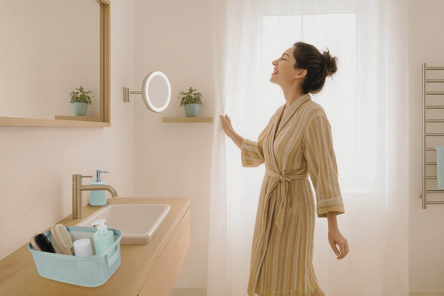 Glückliche Frau im Badezimmer Glückliche Frau im Badezimmer